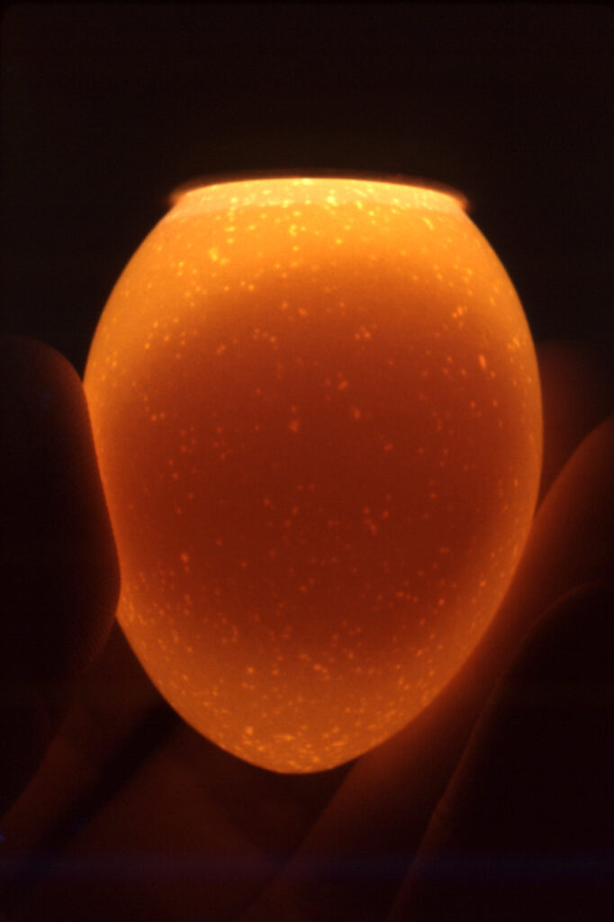 Huevo infértil iluminado a contraluz, sin venas visibles